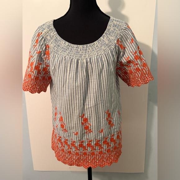 Fever Tops - Fever Blue Striped Blouse with Orange Embroidery